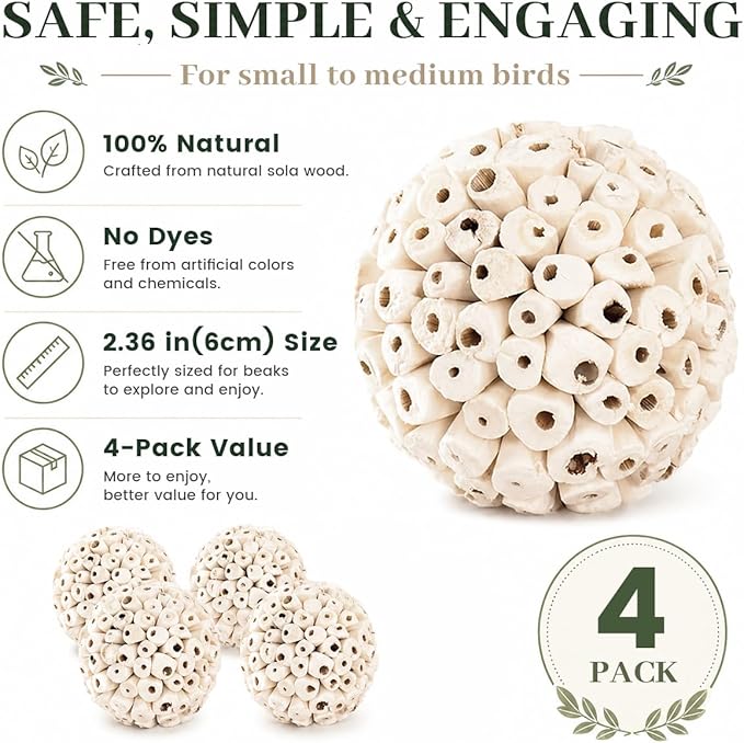 4PCS Bird Toys Sola Balls 2.36'' - Bird Foraging Toy, Sola Atta Ball, Parrot Chew Shred Toy for Sharpening Claws & Beaks for Cockatiel, Parakeets, Conure, Love Birds, Budgie and Small Birds