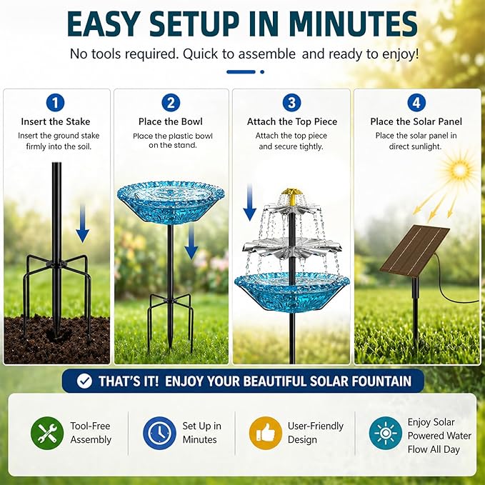 Bird Bath Fountain Solar for Outside, Outdoor Water Fountain Plastic, Attracts Birds with Cascading Spray for Yard & Patio (Blue)