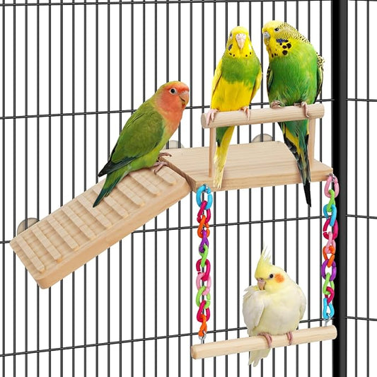 Bird Perches Platform Swing with Climbing Ladder Birds Toys Cage Accessories for Cockatiels, Lovebirds, Pacific Parrotlets,Chinchilla, Hamster Play Gym Exercise Stand