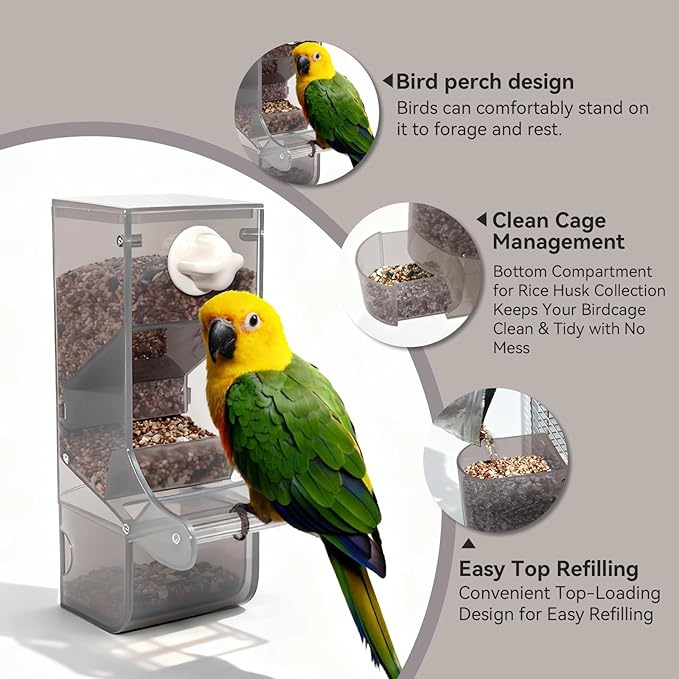 AOTU Automatic No Mess Bird Feeder for Cage - Crack-Resistant Plastic Bird Cage Seed Catcher Clear Bird Cage Feeder for Small Medium Birds Parrots Cockatiels Parakeets Conures Canaries (Light Gray)