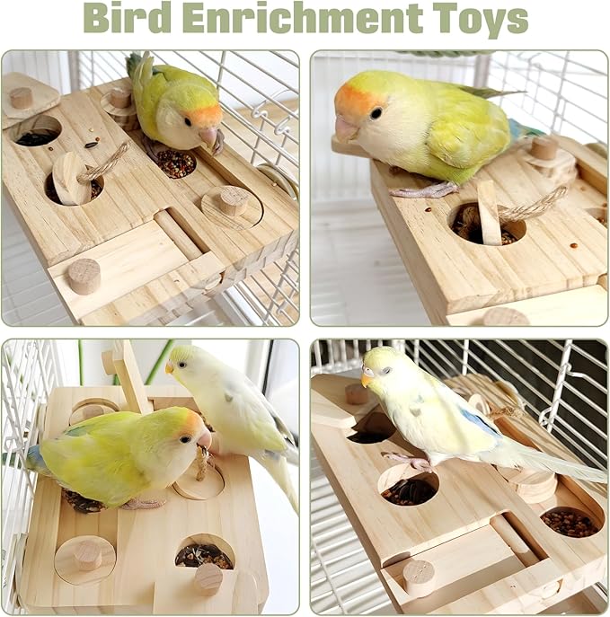 BNOSDM Wooden Bird Foraging Toys with Enrichment Puzzle for Training & Chewing Natural Wood Stand Platform Feeder Cage Accessoriesfor Small and Medium Parrots, Parakeets, Cockatiels, Sun Conures