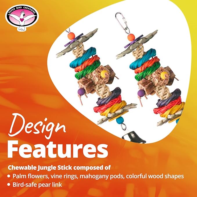 Super Bird Creations SB1097 Jungle Stick Bird Toy - Natural Wood & Vine Bird Chew Toy for Ringnecks Medium Conures Parrots - Encourages Exploration & Chewing Instincts - Medium Bird Size, 11.5" x 3"
