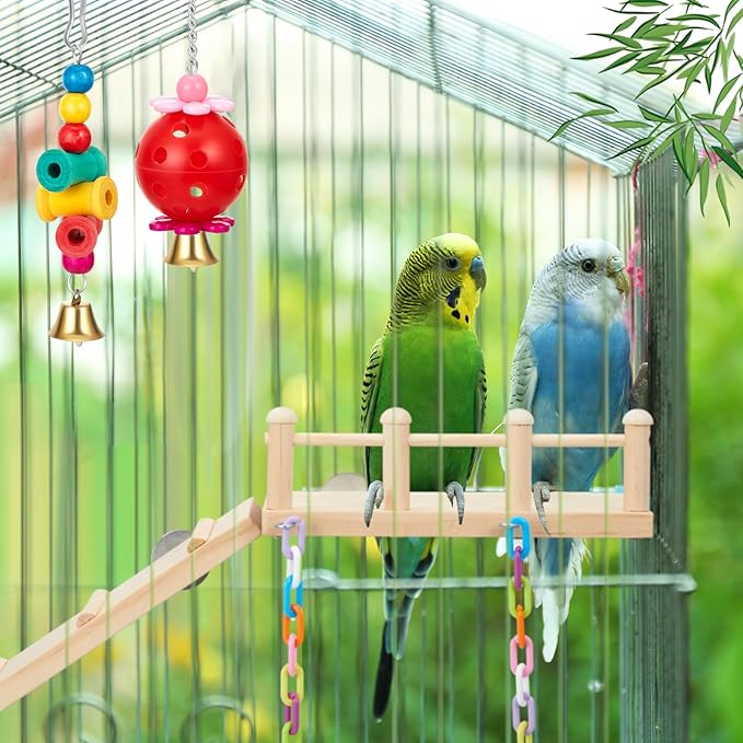 12 Pcs Parakeet Cockatiel Bird Toys, Parrot Swing Chewing Hanging Toys, Colorful Style Parrots Cage Accessories, Interactive Chew & Climb Play Set (Basic Style)