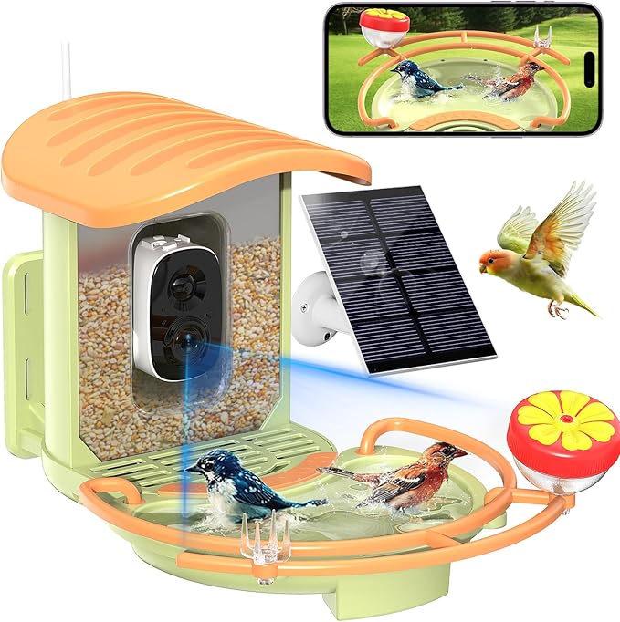 Bird Feeder with Camera, 2K HD Camera Birds Feeder with AI Bird Recognition, Solar Powered Smart Birdfeeder with Bath, App Control, Color Night Vision, Gift Box Package, Easy Install