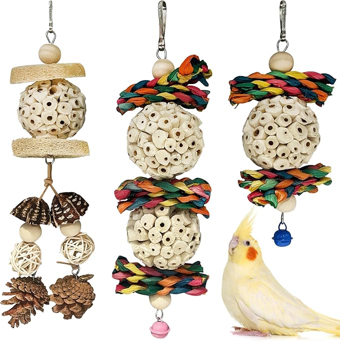 BNOSDM Hanging Bird Toy Sola Balls 3PCS Parrot Shredder Balls Natural Parakeet Foraging Toy Wood Bird Cage Chew Toys for Cockatiel, Budgie, Sun Conure, Quakers, Lovebirds (B)