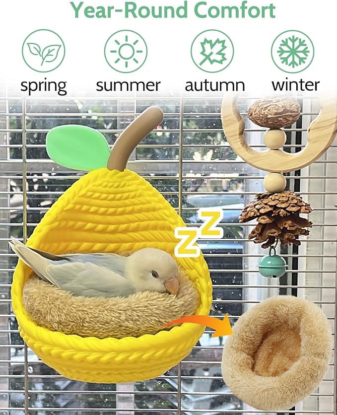 Eco-Friendly Bird Bed for Cage with Cotton Pad, Parakeet Nest with Quick-Release Buckle for Easy Clen, Cute Pear-Shaped Bird Hammock with Airy View for Small-Sized Birds Like Lovebird Canary Budgie