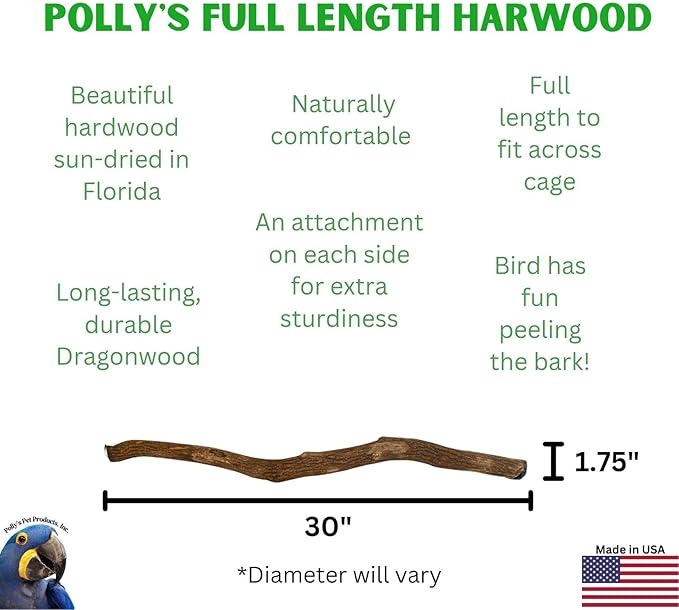 Polly's Full Length Hardwood Cage Perch for Parakeets, Cockatiels, Cockatoos, Macaws, and Other Birds (30")