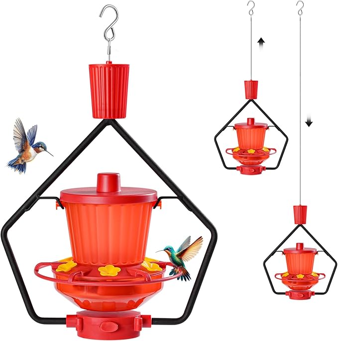 WROSWT Retractable Hummingbird Feeder, 19oz Top-Fill Wide Mouth with Height Adjustment, UV-Resistant ASA Plastic, 100% Leak-Proof Base& Dishwasher Safe Feeders for Outdoor Hanging, Red