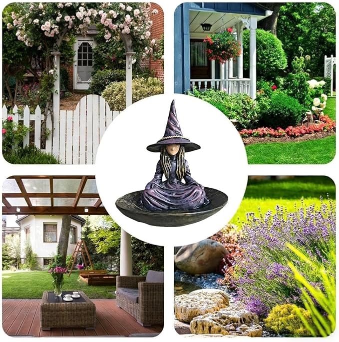 Meditating Witch Garden Bird Feeder,Creative Purple Resin Witch Hat Hanging Feeder,Witchs Garden Bird Feeders for Outdoors,Resin Birdfeeder Statue with Rope Hanger for Patio Backyard Lawn GardenDecor