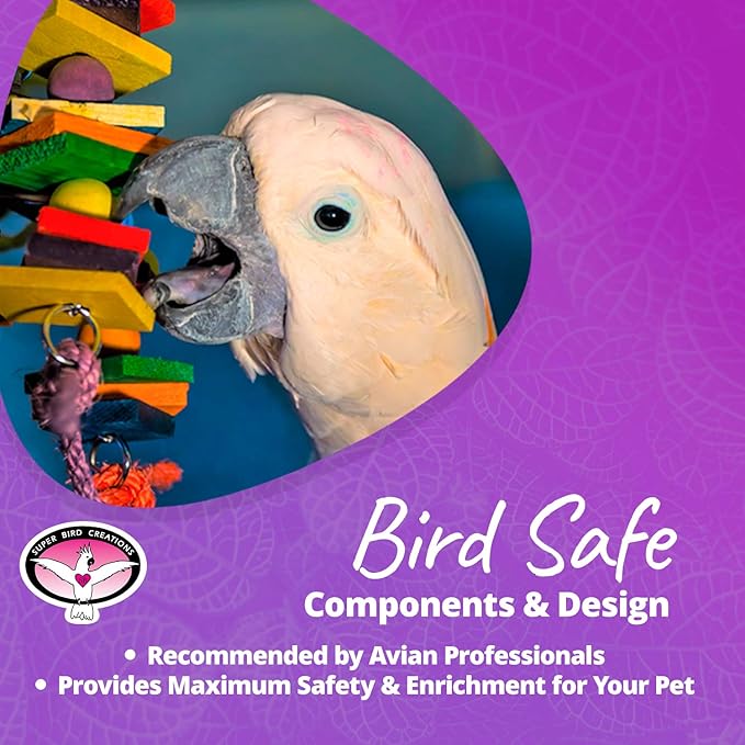 Super Bird Creations - SB440 4 Way Play Bird Toy - Colorful Wooden Blocks, Ringing Bell, and Bird Swing - Perfect Chew Toys for Mini Macaws, Parrots and African Greys - Ideal for Large Birds