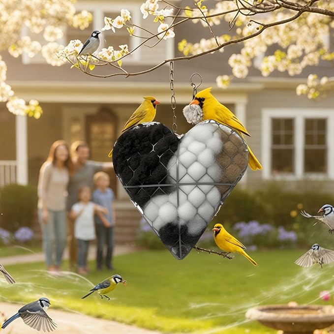 Handmade Fiber Bird Nesting Heart, Refillable Birds Nests Material Holder Heart Shape for Wild Birds, Wool Nest Hummingbird Houses Art Birdhouse Outside Gifts for Birds Lovers (2 Pcs)