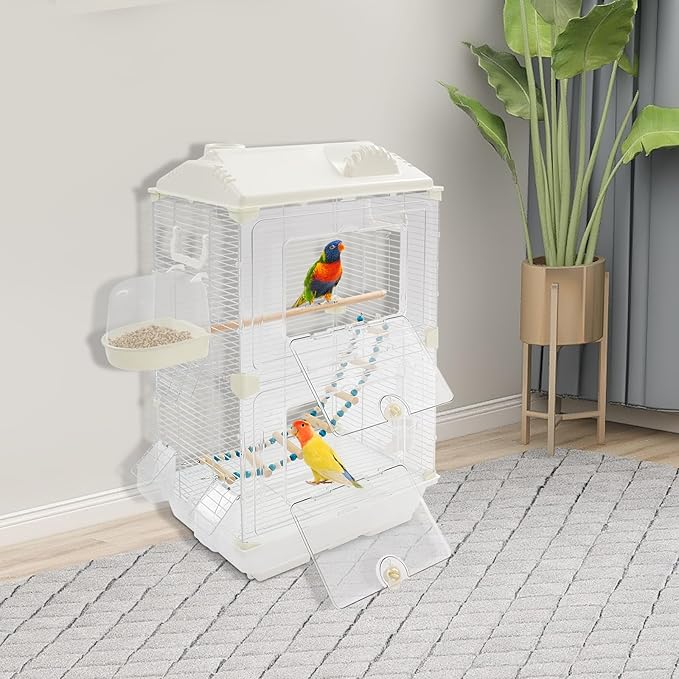 2-Door Wrought Iron Bird Cage Parakeet Cage with Roof & Handles, 28" H Parrot Cage Pet Birds Flight Cage, Interactive Birdcages Bird House Travel Cages for 1-3 Birds (Transparent)