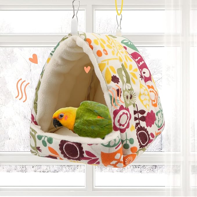 Hypeety Bird Hanging Hammock Nest Parrot Winter Warm Nest House Comfortable Plush Bird Bed for Cage Winter Bird Hideaway Hut for Cockatiels Budgies Parakeets Lovebirds Conures Hamsters (Flower)
