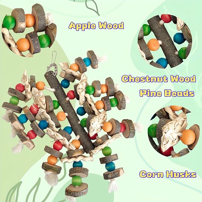Bird Parrot Toys for Cage, 2 Pack Chew Toys with Apple Wood Slices, Cuttlebone & Colorful Blocks for Parakeets,Cockatoos, Conures, Cockatiels (Apple Wood Chips + Cuttlefish Bone)