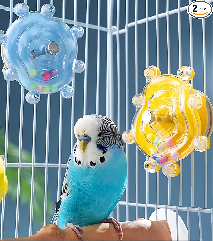 Bird Toys, 2PCS Conure Spinning Rotating Toy Parrot Rattle Toys Cute Bird Cage Accessories for Small to Medium Birds, Blue/Yellow