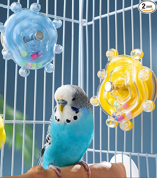 Bird Toys, 2PCS Conure Spinning Rotating Toy Parrot Rattle Toys Cute Bird Cage Accessories for Small to Medium Birds, Blue/Yellow