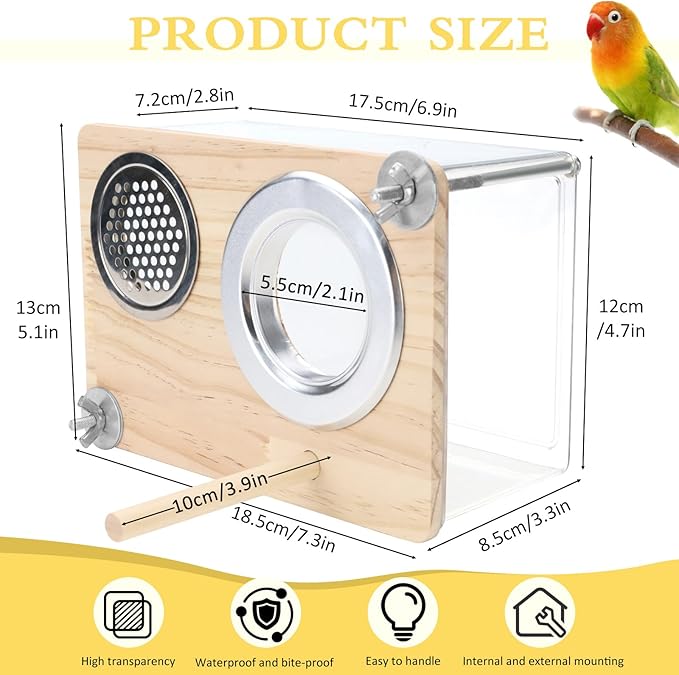 Parakeet Nesting Box for Cage, High-Transparent PET Parakeet Nest, Versatile Bird Houses for Canary, Lovebird and Parrot, Bird Boxes for Nesting with Wood Perch, Bird Cage Accessories (M, Rectangle)