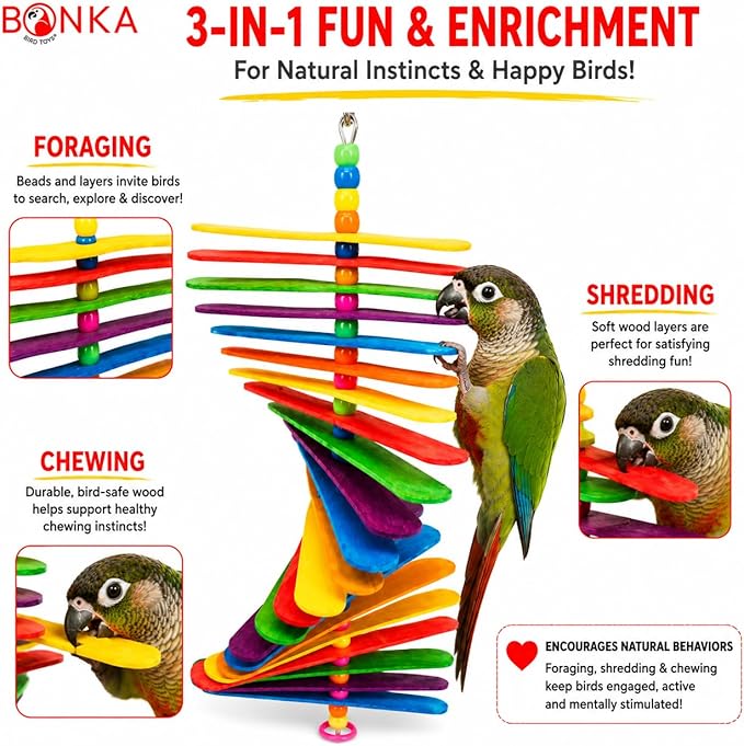 Bonka Bird Toys 867 Big Stick 9.5" Colored Wooden Plastic Spinning Chew Toy for Medium Birds Cage Enrichment Conure Amazon Eclectus and Similar