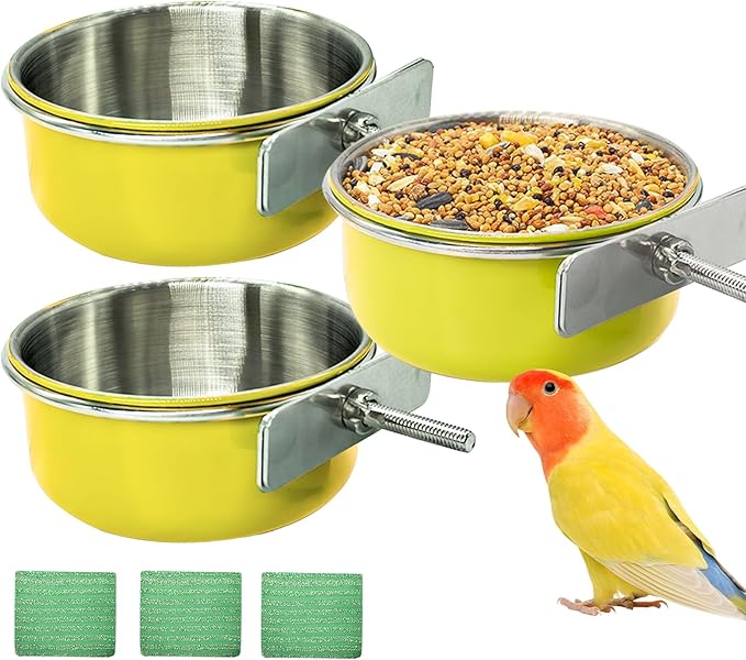 Kathson 3Pcs Stainless Steel Bird Bowls, Parakeet Food Dish Parrot Cage Feeder with Clamp Holder Small Bird Feeding Cup Pet Bird Feeder for Parakeet Cockatiels Conure Budgies Chinchilla Small Animal