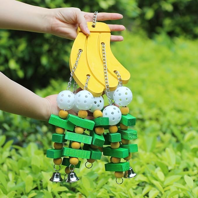 Hypeety Large Parrot Hanging Swing Toy Bells Chew Toy Colorful Hanging Wood Block Parrot Macaw African Greys Cockatiels Budgies Conure Banana Shape Natural Birds Cage Hanging Toy