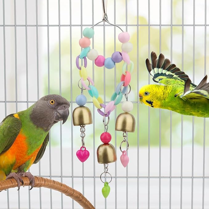 Hypeety Bird Bells Toy Hanging Cage Bell with Sweet Sound Colorful Wood Beads Bells for Lovebirds African Greys Cockatoo Macaw Parakeet Cage Hanging Perch Toy (Bell Toy-3 Bells)