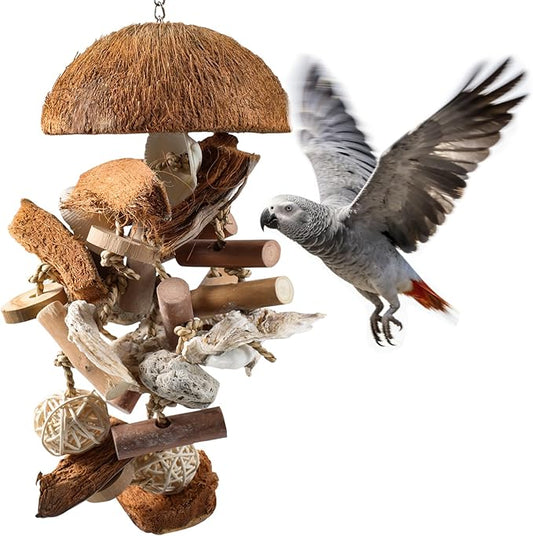 Natural Bird Toys for Parrots – 18in Handmade Shredding & Foraging Toy with Coconut Shells, Wood Blocks & Lava Stones – Parrot Toys for Sun Conures, Conures, Caiques, Cockatiels, Quaker Parrots