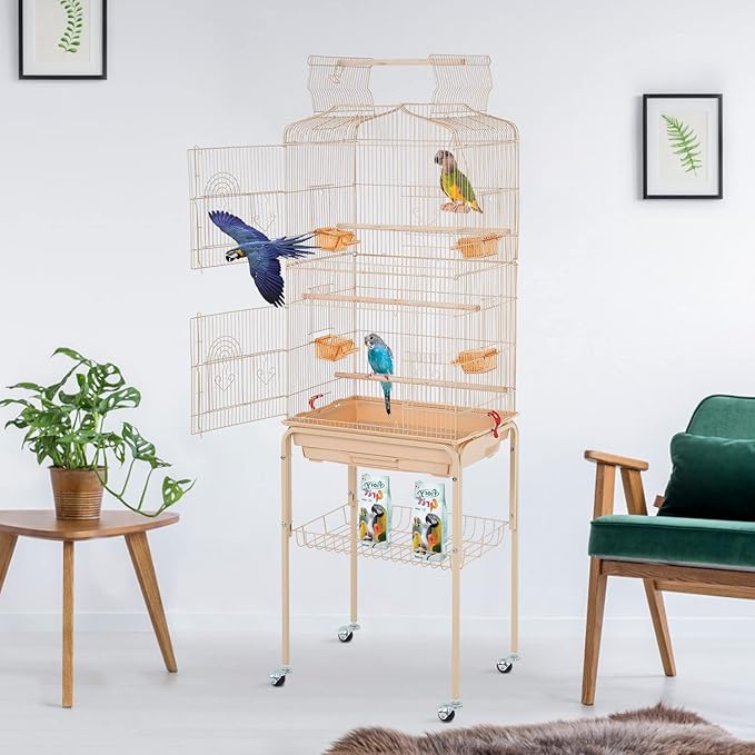 BestPet 64 inch Wrought Iron Bird Cage for Parakeets Medium Small Parrots Parakeet Cage with Detachable Rolling Stand & Play Open Top for Cockatiels Lovebird Finches Canaries (Almond)