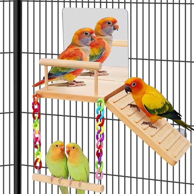 Bird Perches Platform Swing with Bird Mirror Climbing Ladder Birds Toys Cage Accessories for Cockatiels, Lovebirds, Pacific Parrotlets,Chinchilla, Hamster Play Gym Exercise Stand (with Mirror)