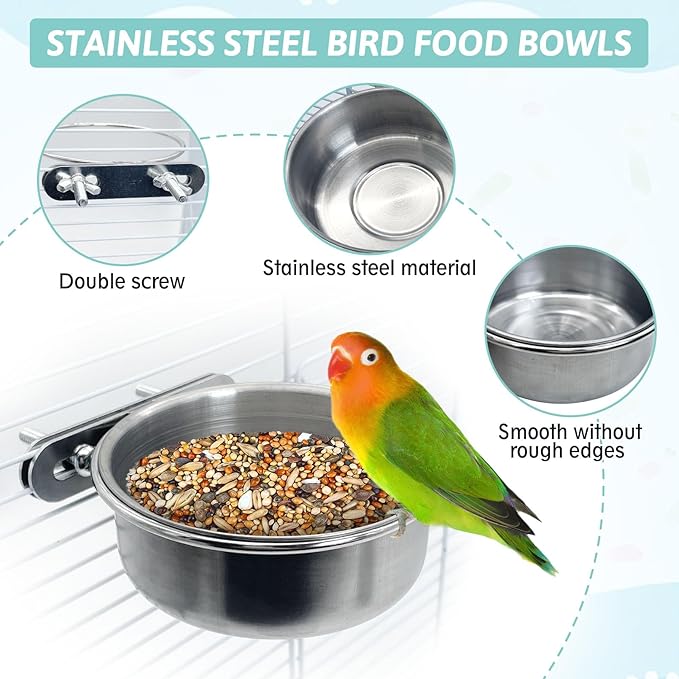 PINVNBY Stainless Steel Bird Bowl Parrot Food Water Bowls with Clamp Holder Bird Feeder Dish Cups Crate Bowls for Cockatiel Pigeons Conure Budgies African Greys (2PCS Screw Size: M)