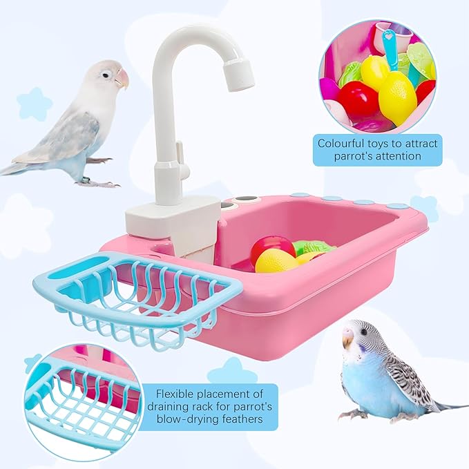 PINVNBY Bird Bath Tub with Automatic Watering Faucet Parakeet Bath Bowl Budgie Shower for Cockatiels Conures Lovebirds and Other Small Medium Birds Shower (Pink