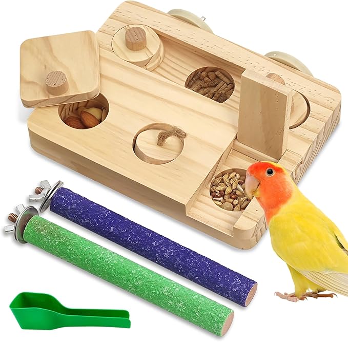 BNOSDM Wooden Bird Foraging Toys with Paw Grinding Sticks, Natural Wood Enrichment Puzzle Toys for Training & Chewing Stand Platform Feeder Cage Accessoriesfor Parrots, Parakeets, Cockatiels, Conures