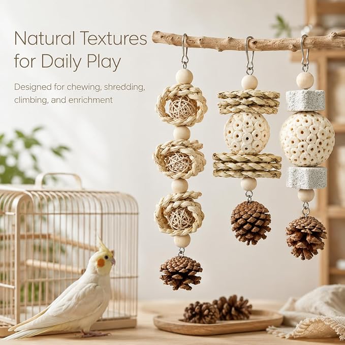 3 Pack Bird Toys for Small Birds, Texture-Rich Shredding & Chewing Toys with Sola Ball, Rattan Balls, Pumice Stone and Pinecone, Hanging Cage Toys for Budgies, Cockatiels, Lovebirds and Small Conures