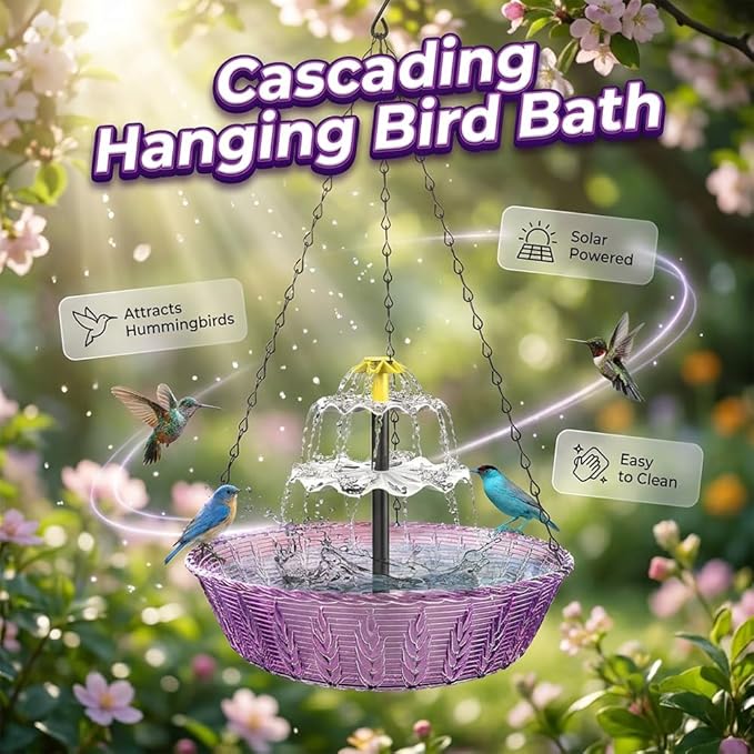 Solar Hanging Bird Bath Fountain, Solar Powered Auto Water Circulation Glass Bird Bath with Hanging Chain, Weatherproof Outdoor Garden Decor to Attract Hummingbirds Wild Birds (1pc)