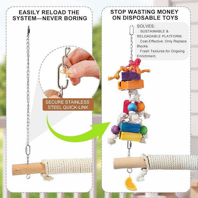 4lb Heavy Duty Bird Toys for Large Parrots - 21.6" Giant Refillable Parrot Toy Swing for Macaws & Cockatoos, Large Natural Wooden Block Chew & Shredding Toy,Beak Health