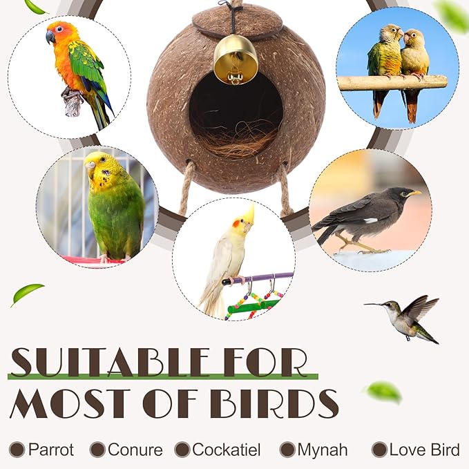Briwooody Coconut Shell Bird Nest House Breeding Bed Nestingand Anti-pecking Bite with Natural Coir Fiber Bird Nest Toy Bell for Parrot Budgie Parakeet Cockatiel Conure Lovebird Canary Finch (Stylish)