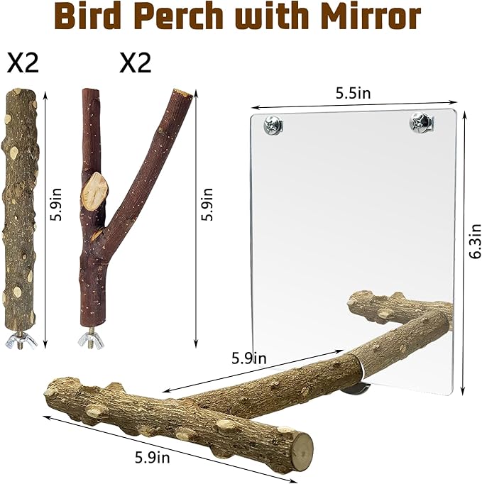 BNOSDM 5PCS Bird Perches Stand with Mirror Parrot Natural Wood Stick Perches Forked Perch Branch Parakeet Toy Set Bird Cage Accessories for Budgie Cockatiel Conure Finch Lovebird