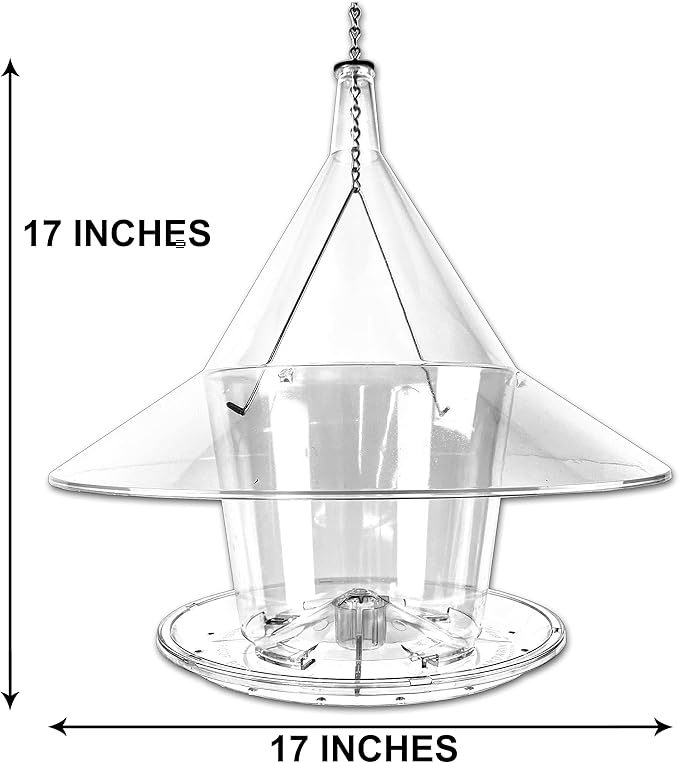 SKY CAFE - Squirrel Proof Bird Feeder for Outside - Large, 17 in. Diameter, 1.5 Gallon Birdseed Capacity - Made in USA by Arundale (Crystal Clear) - Free Mug