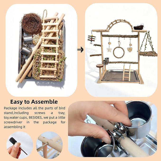 Multi-Level Bird Play Stand with Rope & Bell Toys | Natural Wooden Parrot Play Stand with Ladder & Swing | Ideal for Small to Medium Birds | Great for Cockatiels & Parakeets