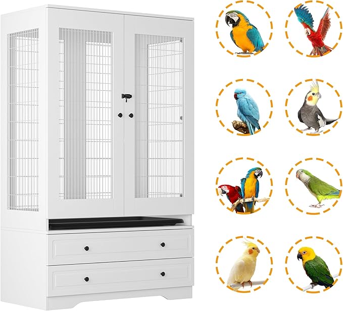 Large Bird Parakeet Parrot Cockatiel Cage, Tall Big Bird Flight Cages with 2 Drawers, a Removable Tray, Metal Grid Doors and a Robust Lock for Finch, Conure, Budgie, Macaw, Canary, White