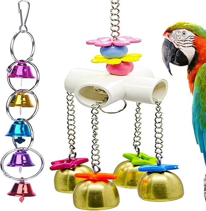 Bird Swing Bells Toy with Bell Chewing Hanging Ring Toy Cage Bite for Pet Budgie Parakeet Cockatiel Conure Macaw African Grey Eclectus Cockatoo Finches Lovebird Quaker Parrot Finch Canary