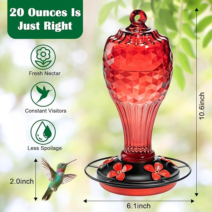 20 oz Hand-Blown Glass Hummingbird Feeder, Hanging Hot Air Balloon Design, Leak-Proof Silicone Seal, Ant-Proof, Outdoor Garden Decor Gift for Mom, Red