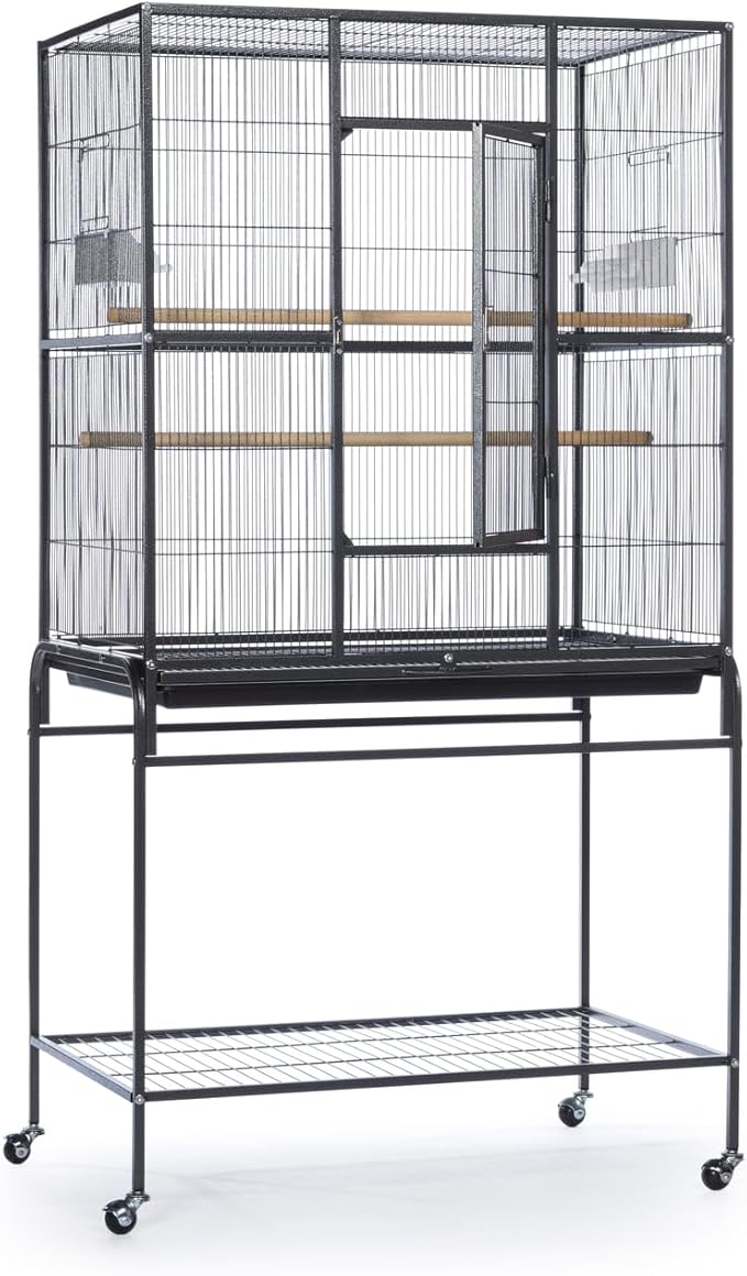 Prevue Pet Products Flight Cage with Stand - Large Metal Bird Cage with Removable Tray, Wood Perches, Double Feeders & Storage Shelf on Rolling Casters, Ideal for Small to Medium Birds - Black