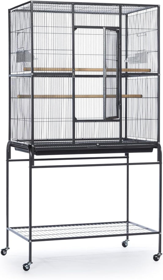 Prevue Pet Products Flight Cage with Stand - Large Metal Bird Cage with Removable Tray, Wood Perches, Double Feeders & Storage Shelf on Rolling Casters, Ideal for Small to Medium Birds - Black