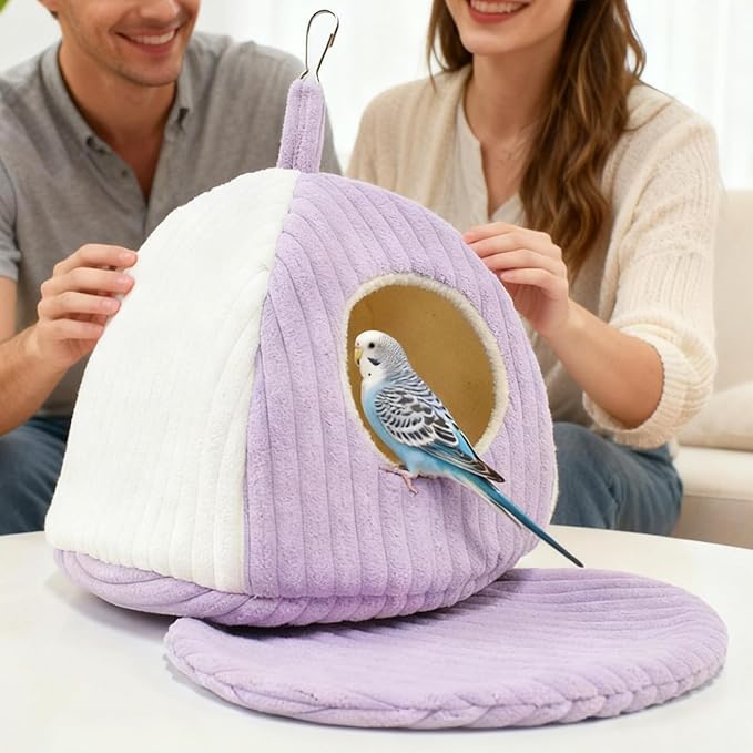 Bird Hanging Hammock Nest Parrot with Soft Plush Hanging Hammock & Hut Tent for Cage Winter Bird Hideaway Hut for Cockatiels Budgies Parakeets Lovebirds Conures Hamsters (Purple White S)