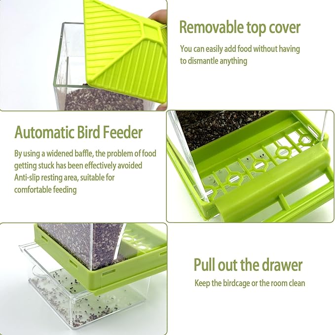 No Mess Bird Feeder for Cage,Automatic Parakeet Feeder with Perch Anti-Splash Bird Food Dispenser for Cage for Parakeet Lovebirds Cockatoo Budgie (Green)