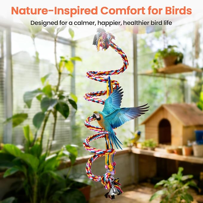 Ultra Long Bird Toys for Large Parrots - 110'' Heavy Duty Cotton Rope Birds Toy Swing, Spiral Hanging Bird Toys with Bell & Acrylic for Macaws, Cockatoos, Greys, Enrichment Parrot Toys