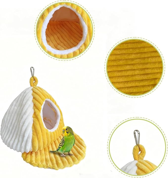 Bird Hanging Hammock Nest Parrot with Soft Plush Hanging Hammock & Hut Tent for Cage Winter Bird Hideaway Hut for Cockatiels Budgies Parakeets Lovebirds Conures Hamsters (Yellowish-White S)