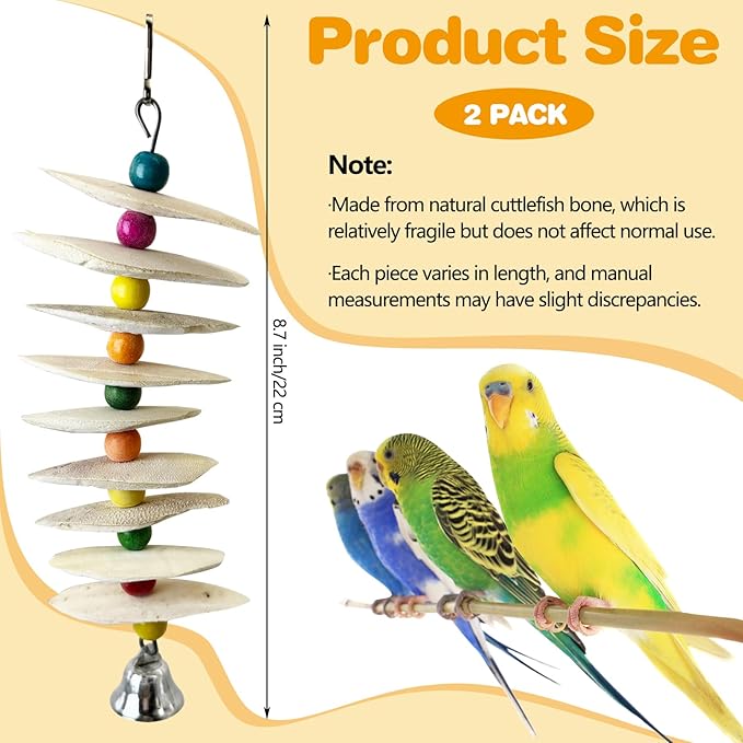 PINVNBY 2 Pack Natural Bird Toys with Cuttlebone Calcium Parakeet Chewing Toy Hanging Bird Beak Grinding Stone Cage Accessories for Parrot Budgie Lovebird Cockatiel (Large)