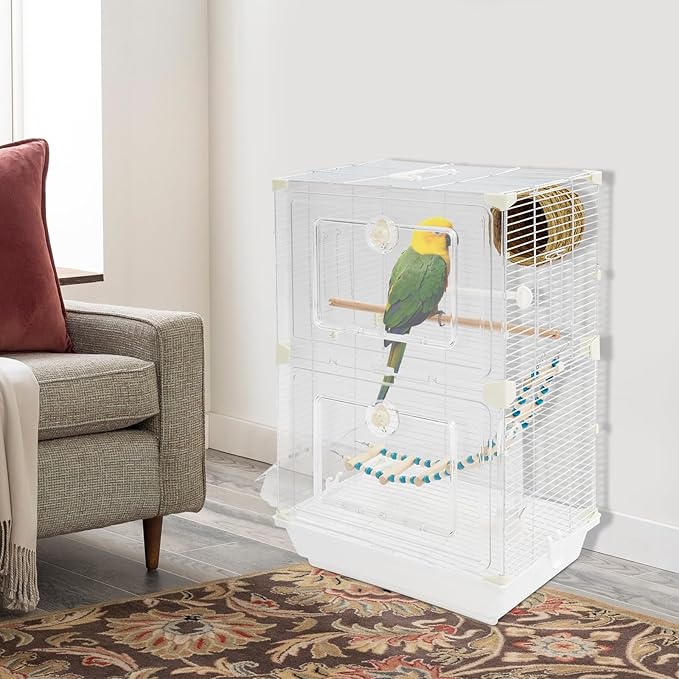 2-Door Wrought Iron Bird Cage Parakeet Cage with Handles, 25" H Parrot Cage Pet Birds Flight Cage, 360° View Interactive Birdcages Bird House Travel Cages for 1-3 Birds (Transparent)
