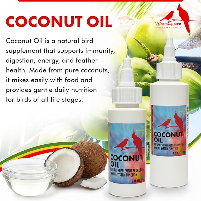 Morning Bird Coconut Oil for Birds 4 oz – Cold Pressed, Organic - Supports Immunity & Digestion – Boosts Energy & Feather Health – Easy to Mix – Safe for All Bird Life Stages